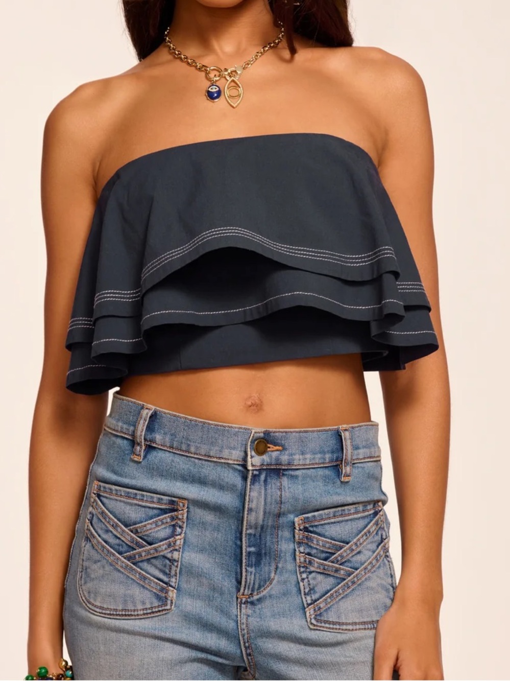 New Ramy Brook Strapless Strapless Ruffle Crop Top navy